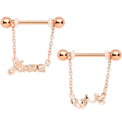 14G 1/2 Rose Gold Tone Love Forever Chain Dangle Nipple Ring Set