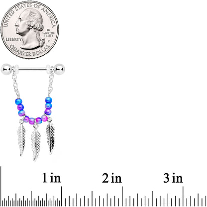 14G 1/2 Blue Purple Bead Feather Dangle Nipple Ring Set