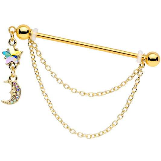 14G Aurora Gem Gold Tone Moon Star Chain Industrial Barbell 38mm