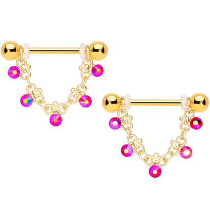 14G 3/4 Aurora Gem Gold Tone Chain Dangle Nipple Ring Set