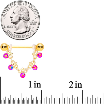 14G 3/4 Aurora Gem Gold Tone Chain Dangle Nipple Ring Set