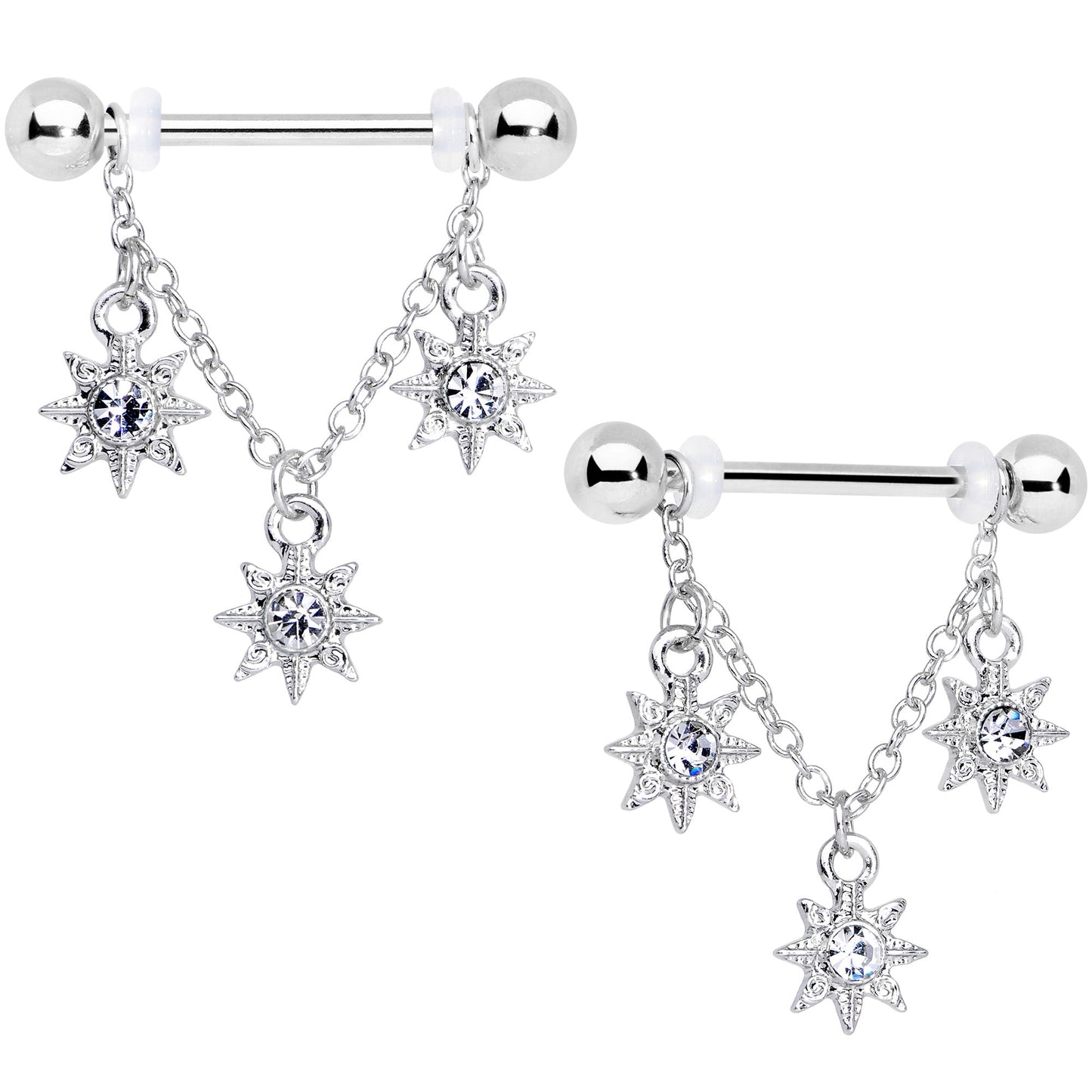 14G 1/2 Clear Gem Trio Stars Chain Dangle Nipple Ring Set