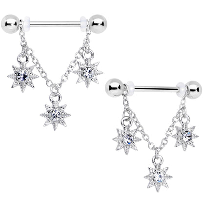 14G 1/2 Clear Gem Trio Stars Chain Dangle Nipple Ring Set