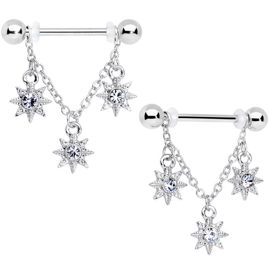 14G 1/2 Clear Gem Trio Stars Chain Dangle Nipple Ring Set
