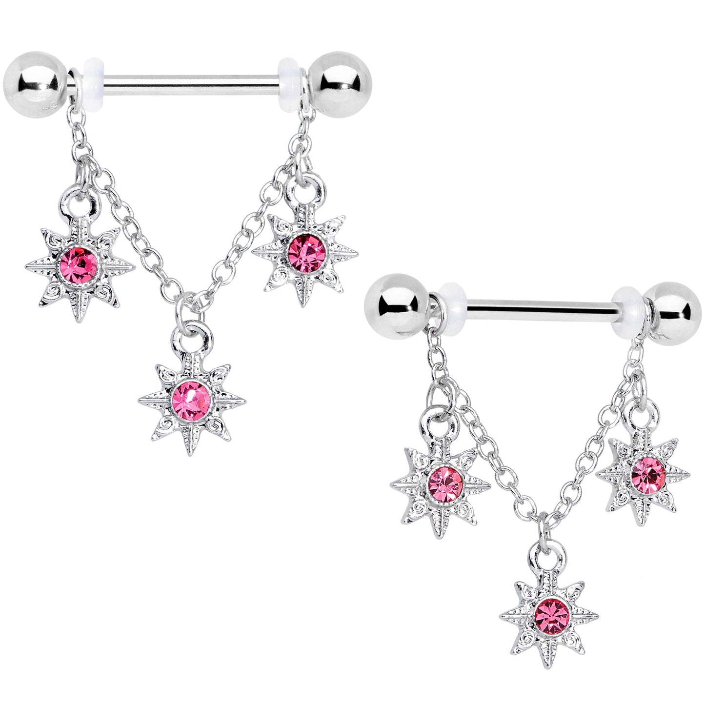 14G 1/2 Pink Gem Trio Stars Chain Dangle Nipple Ring Set