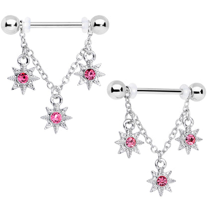 14G 1/2 Pink Gem Trio Stars Chain Dangle Nipple Ring Set