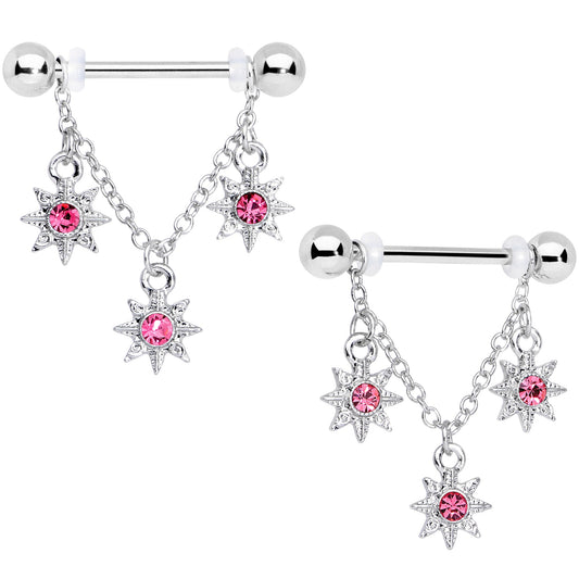 14G 1/2 Pink Gem Trio Stars Chain Dangle Nipple Ring Set