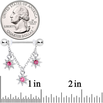 14G 1/2 Pink Gem Trio Stars Chain Dangle Nipple Ring Set