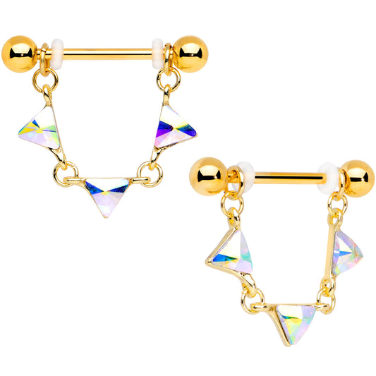 14G 3/4 Aurora Gem Gold Tone Triangle Dangle Nipple Ring Set