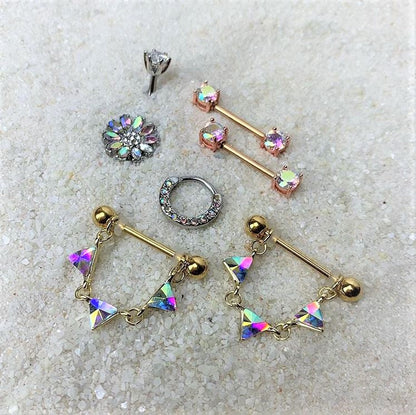 14G 3/4 Aurora Gem Gold Tone Triangle Dangle Nipple Ring Set