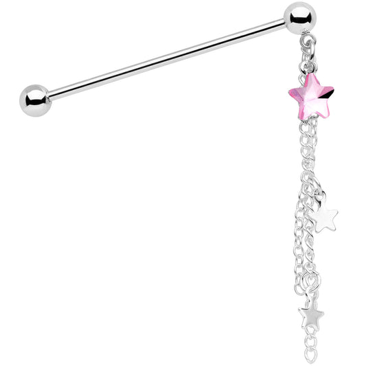 14G Pink Gem Stars Dangle Industrial Barbell 38mm