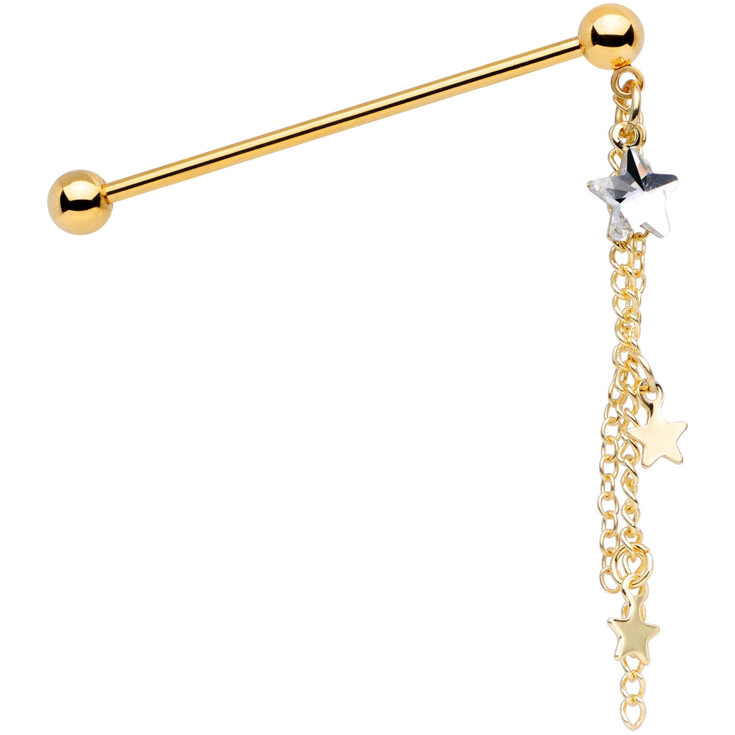 14G Clear Gem Gold Tone Stars Dangle Industrial Barbell 38mm