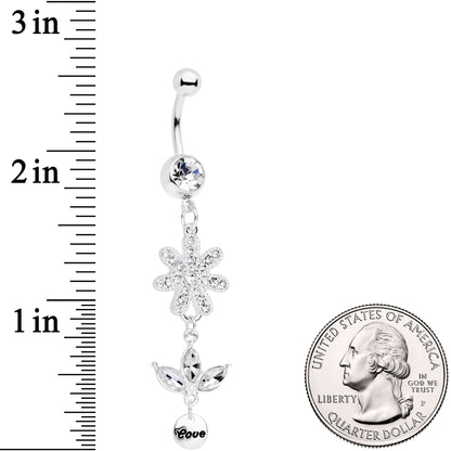 Clear Gem Flower Leaves Love Dangle Belly Ring