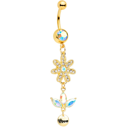 Aurora Gem Gold Tone Flower Leaves Love Dangle Belly Ring