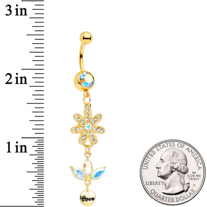 Aurora Gem Gold Tone Flower Leaves Love Dangle Belly Ring