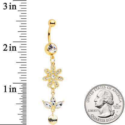 Clear Gem Gold Tone Flower Leaves Love Dangle Belly Ring