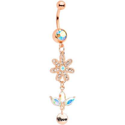 Aurora Gem Rose Gold Tone Flower Leaves Love Dangle Belly Ring