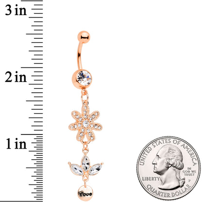 Clear Gem Rose Gold Tone Flower Leaves Love Dangle Belly Ring