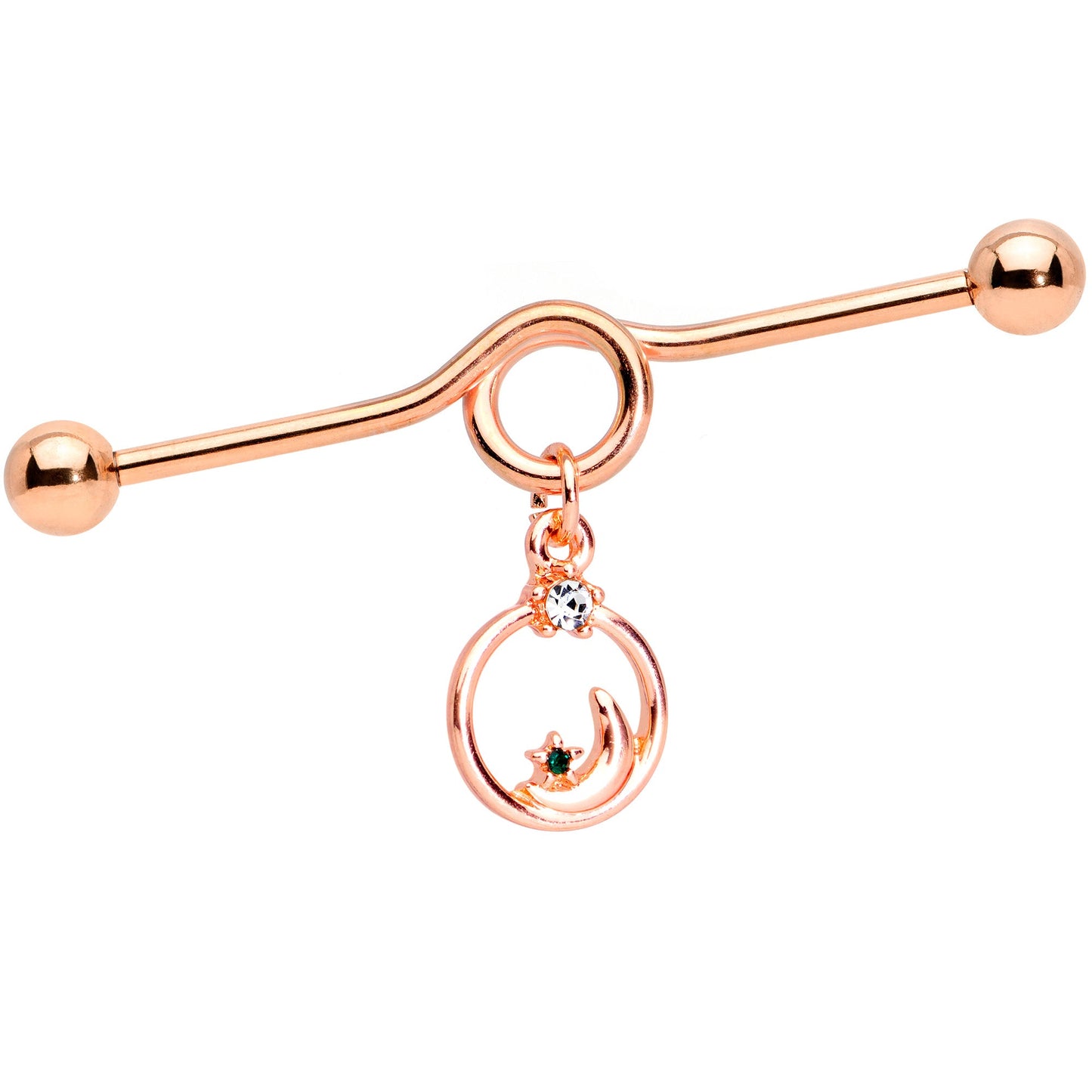 14G Clear Gem Rose Gold Tone Moon Star Dangle Project Bar 38mm
