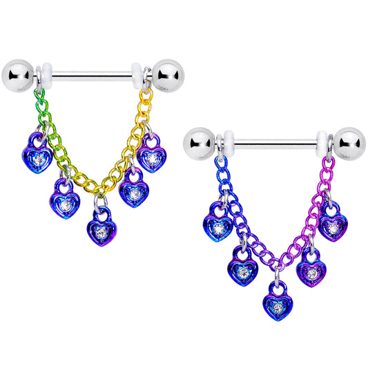 14G 11/16 Clear Gem Rainbow Padlock Heart Dangle Nipple Ring Set