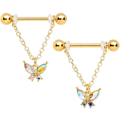 14G 11/16 Aurora Gem Gold Tone Butterfly Dangle Nipple Ring Set
