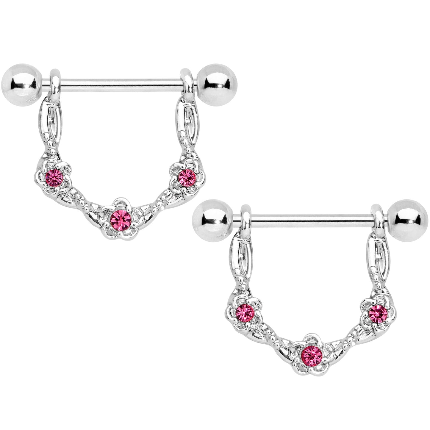 14G 3/4 Pink Gem Knotted Flower Dangle Nipple Ring Set