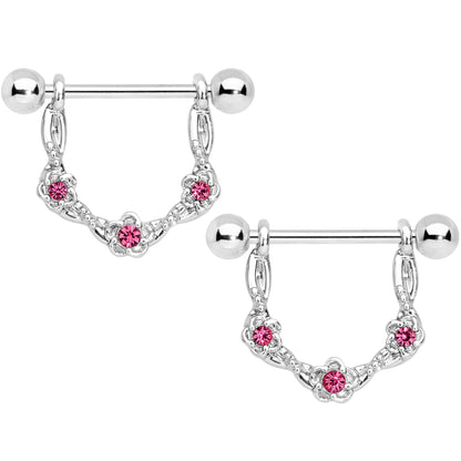 14G 3/4 Pink Gem Knotted Flower Dangle Nipple Ring Set