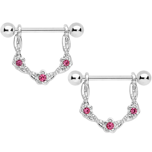 14G 3/4 Pink Gem Knotted Flower Dangle Nipple Ring Set