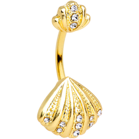 Clear Gem Gold Tone Nautical Scallop Shell Double Mount Belly Ring