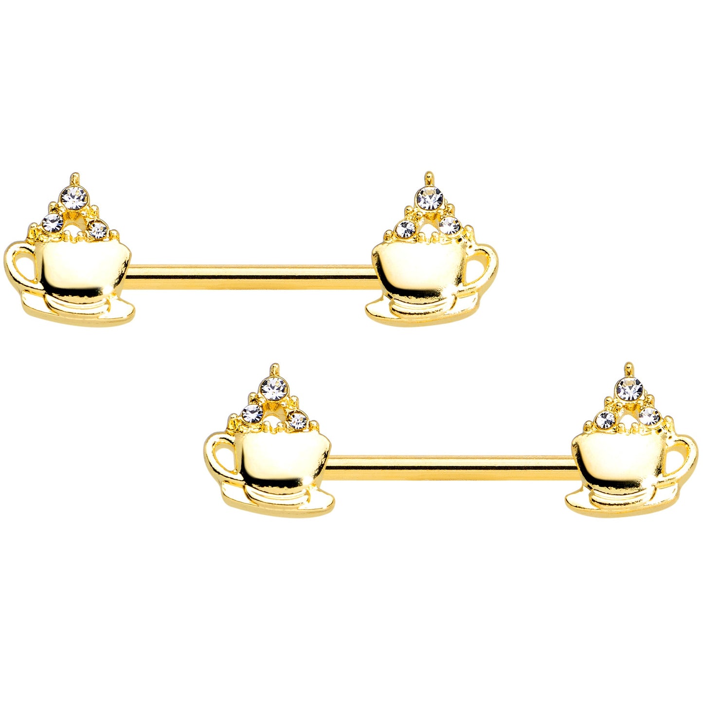 14G 9/16 Clear Gem Gold Tone Hot Cocoa Barbell Nipple Ring Set