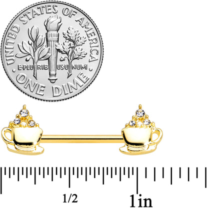 14G 9/16 Clear Gem Gold Tone Hot Cocoa Barbell Nipple Ring Set