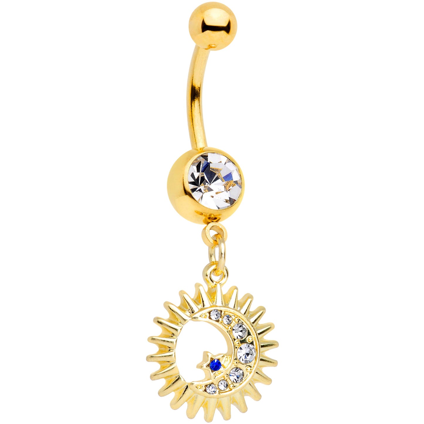 Clear Blue Gem Gold Tone Moon Sun Star Dangle Belly Ring