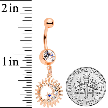 Clear Blue Gem Rose Gold Tone Moon Sun Star Dangle Belly Ring