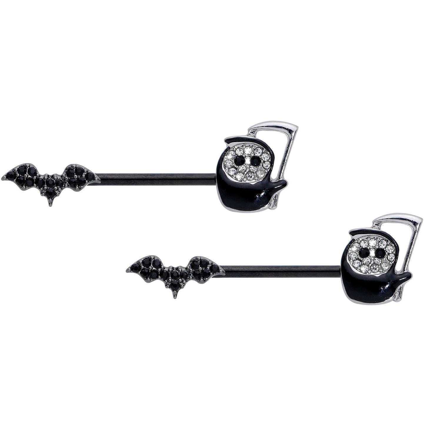 14G 9/16 Clear Black Gem Grim Reaper Bat Barbell Nipple Ring Set