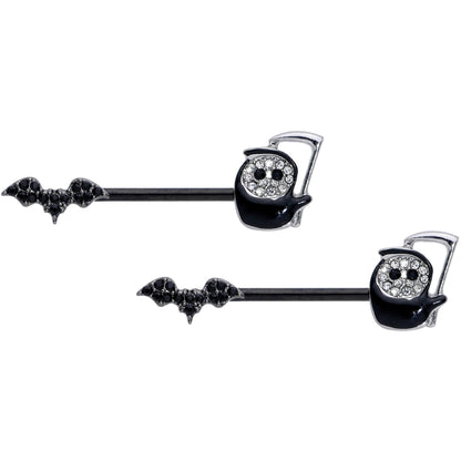 14G 9/16 Clear Black Gem Grim Reaper Bat Barbell Nipple Ring Set