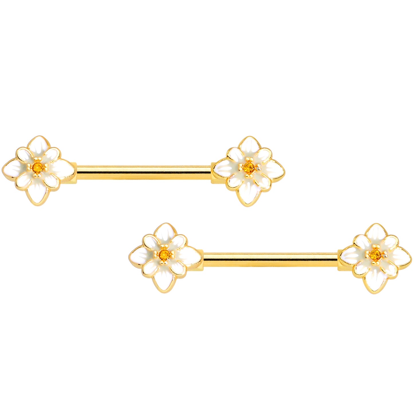 14G 9/16 Yellow Gem Gold Tone Flower Barbell Nipple Ring Set