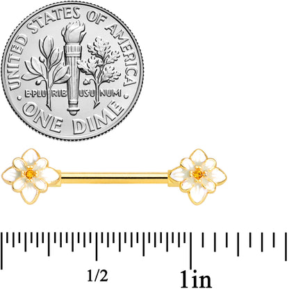 14G 9/16 Yellow Gem Gold Tone Flower Barbell Nipple Ring Set