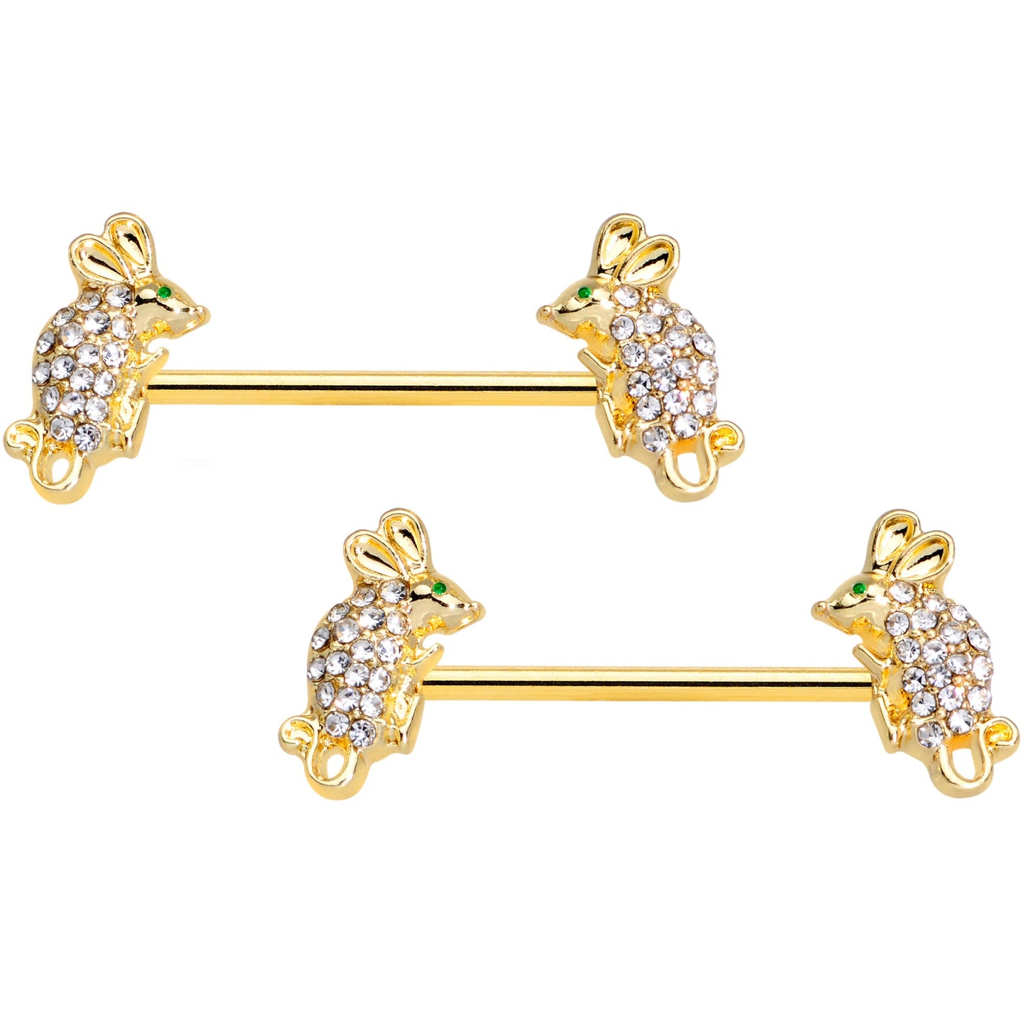 14G 9/16 Clear Aqua Gem Gold Tone Mouse Barbell Nipple Ring Set
