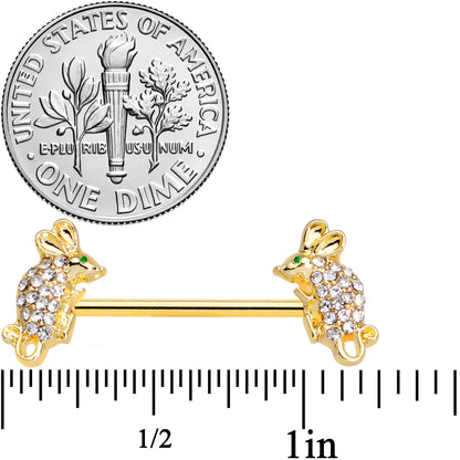 14G 9/16 Clear Aqua Gem Gold Tone Mouse Barbell Nipple Ring Set