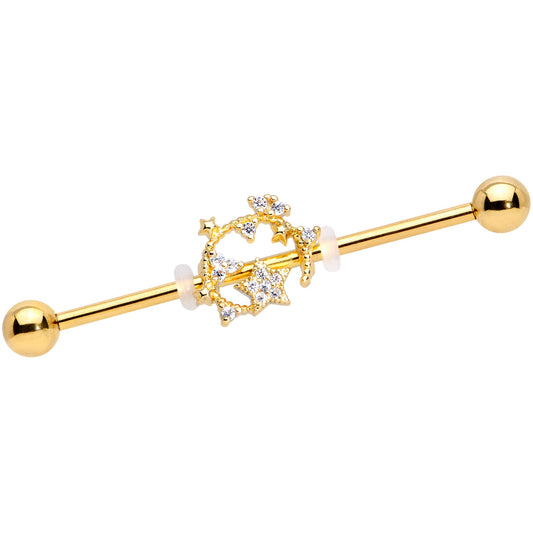 14G Clear CZ Gem Gold Tone Circle Star Industrial Barbell 38mm