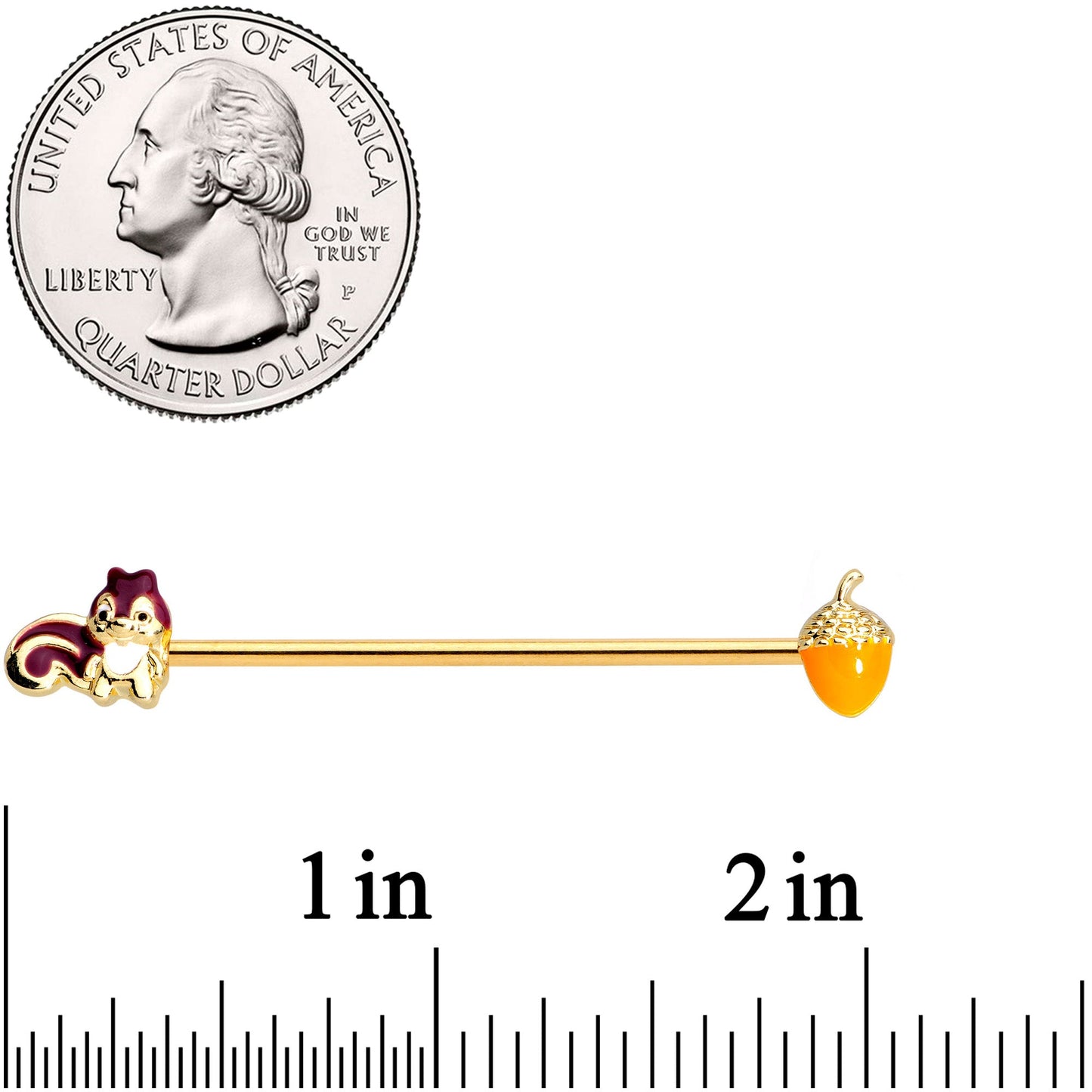 14G Gold Tone Squirrel Acorn Industrial Barbell 38mm