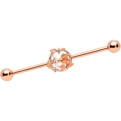 14G Clear CZ Gem Rose Gold Tone Floral Industrial Barbell 38mm