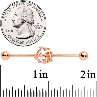 14G Clear CZ Gem Rose Gold Tone Floral Industrial Barbell 38mm