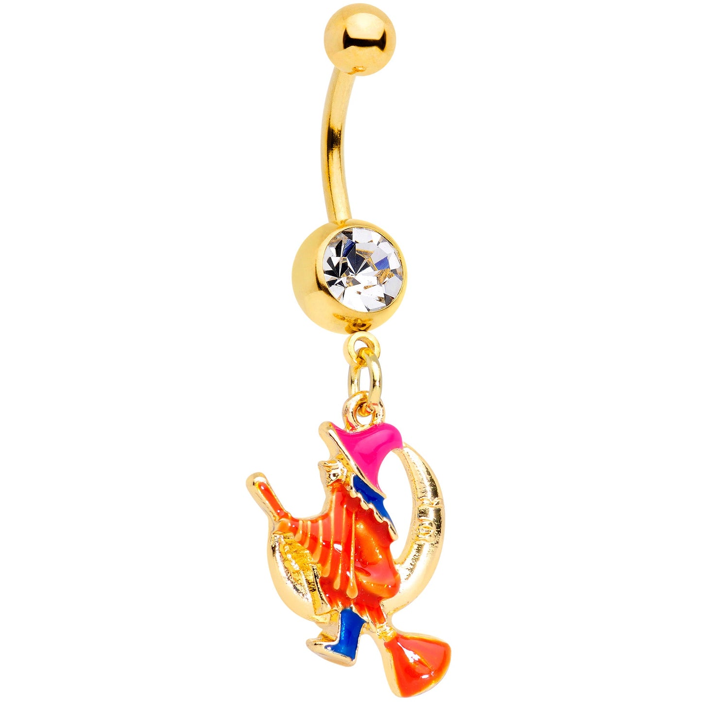 Clear Gem Gold Tone Red Witch Moon Halloween Dangle Belly Ring