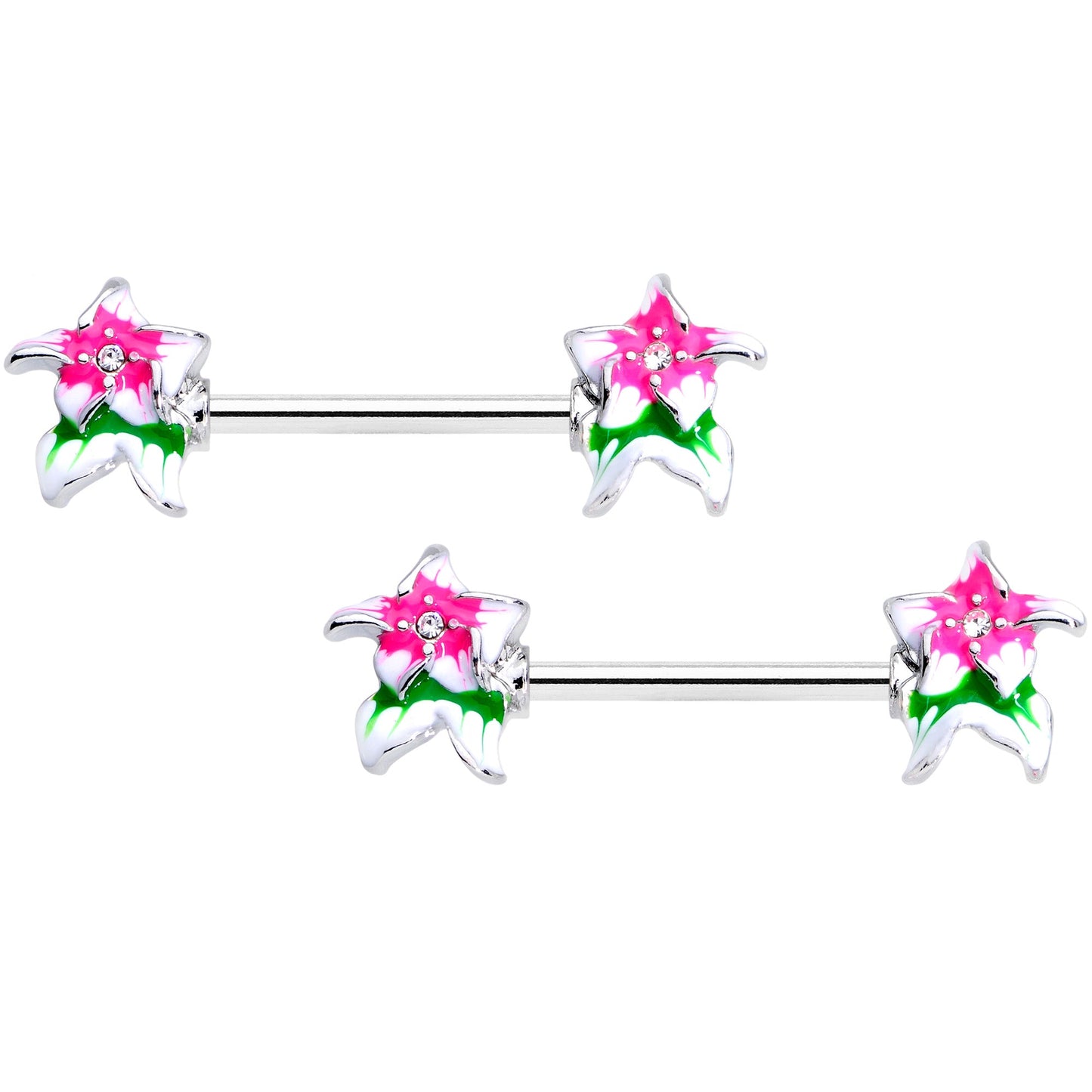 14G 9/16 Clear Gem Tropical Flower Barbell Nipple Ring Set