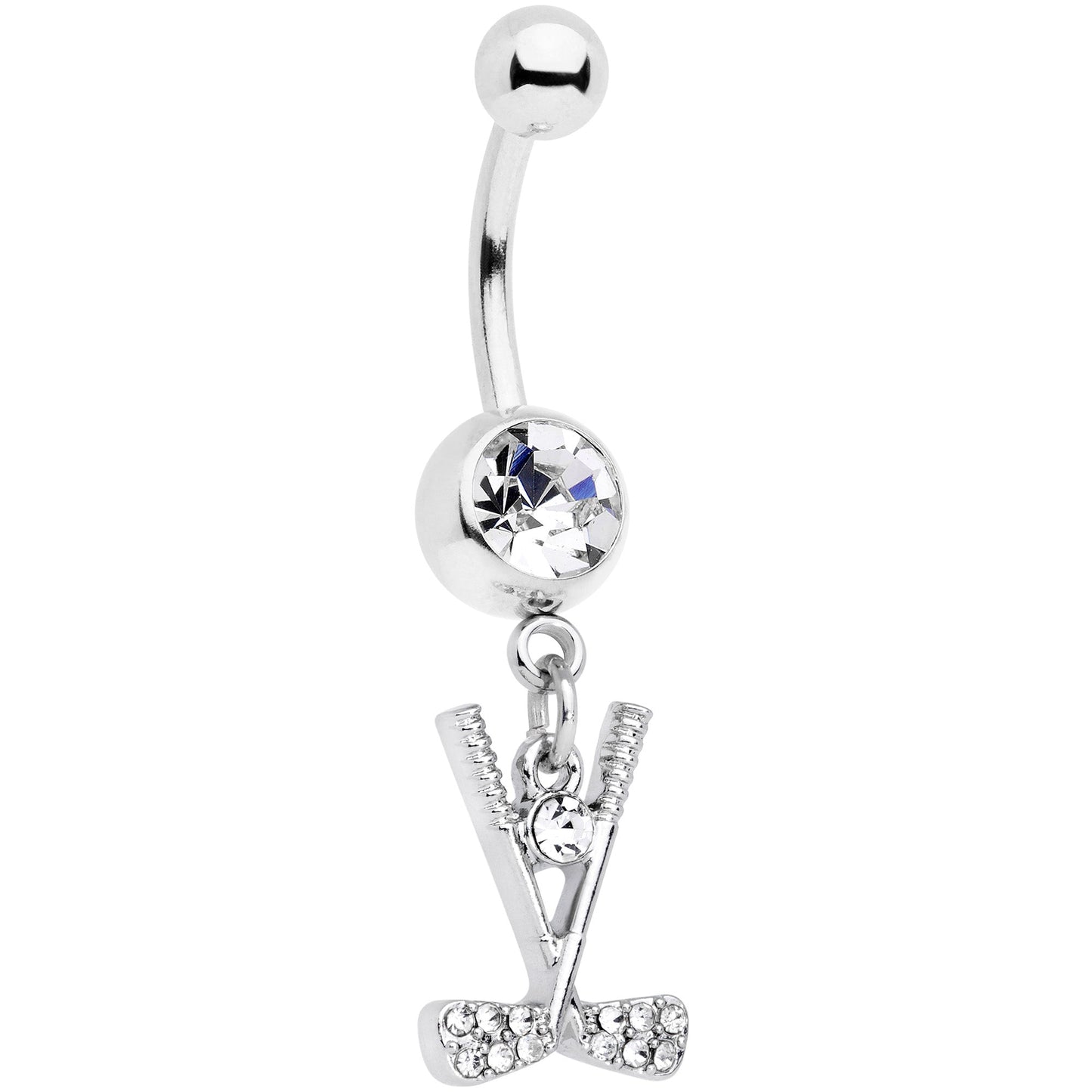 Clear CZ Gem Crossed Golf Clubs Dangle Belly Ring