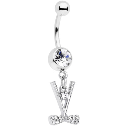Clear CZ Gem Crossed Golf Clubs Dangle Belly Ring