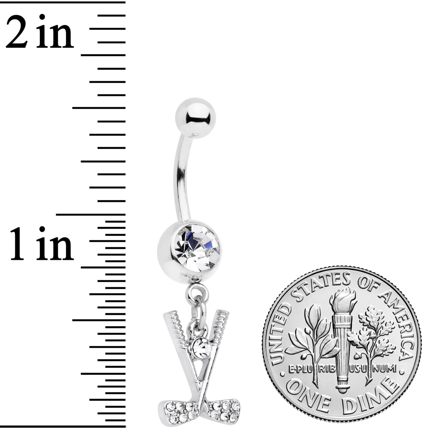 Clear CZ Gem Crossed Golf Clubs Dangle Belly Ring