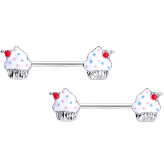 14G 9/16 Red White Sprinkle Cherry Cupcake Barbell Nipple Ring Set