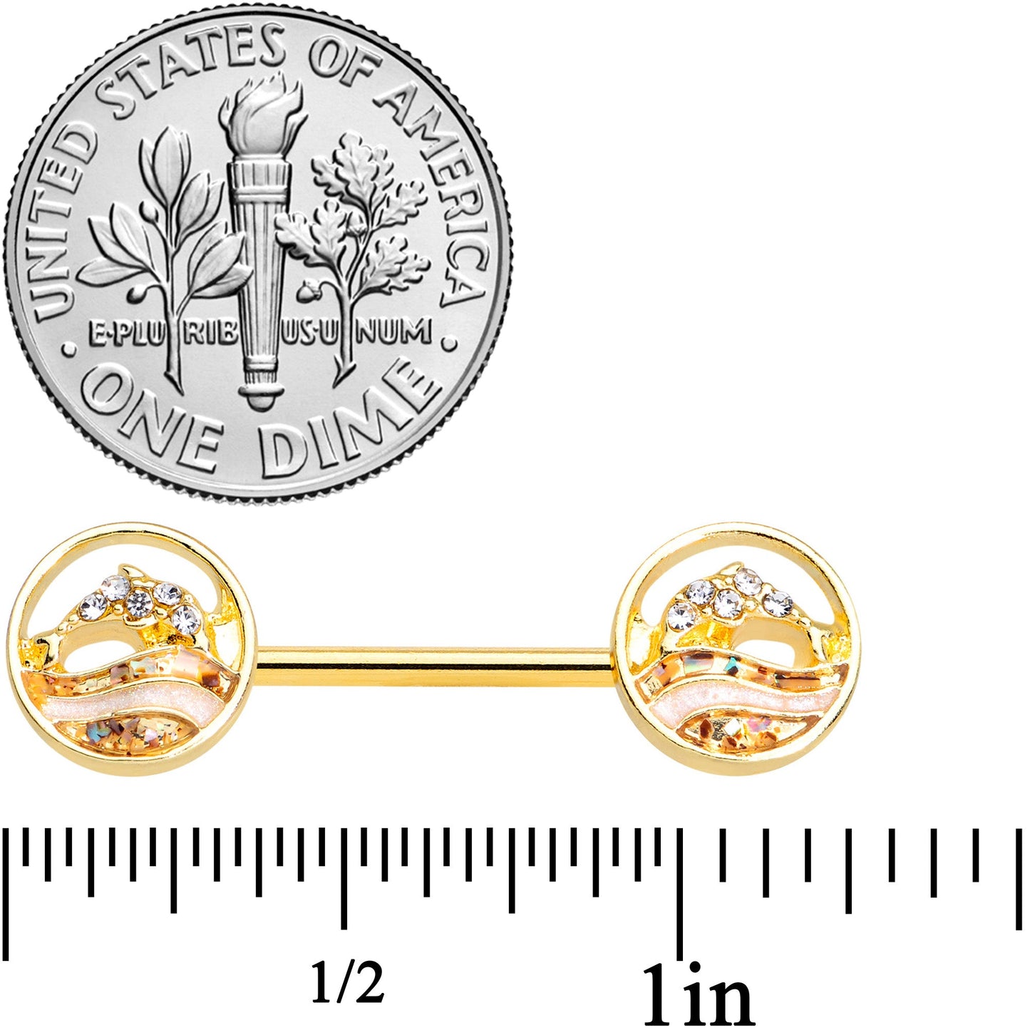 14G 9/16 Clear Gem Gold Tone Leaping Dolphin Barbell Nipple Set